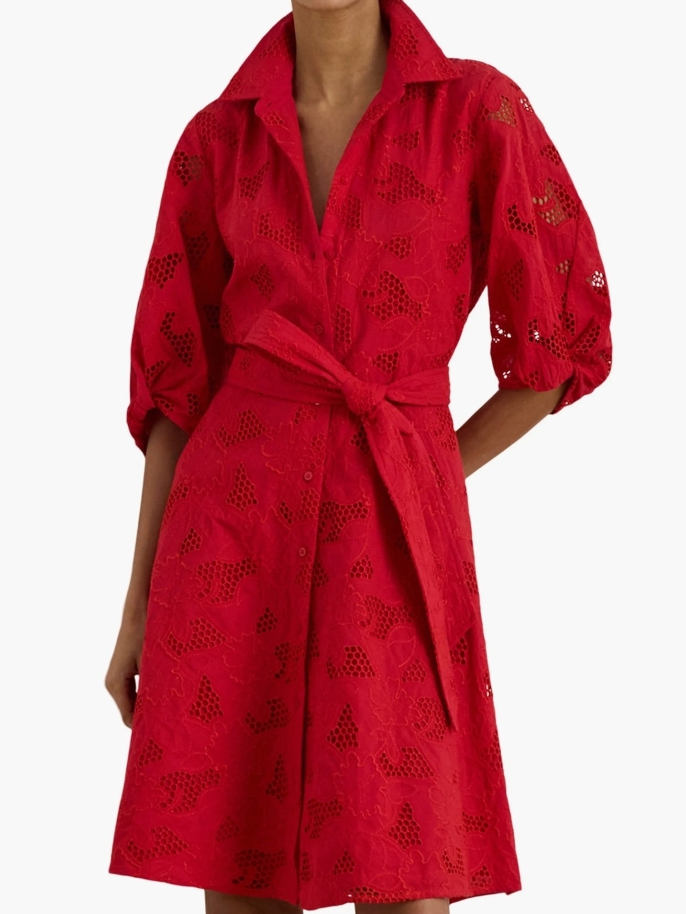 Lauren Ralph Lauren Eyelet Cotton Voile Shirtdress Red Cotton 3/4 Sleeve